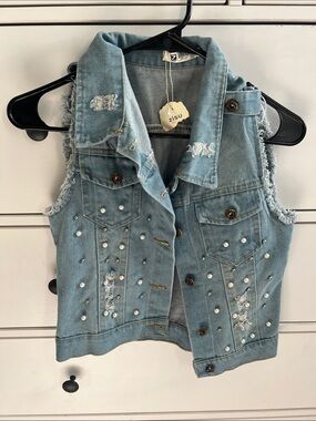Girls' Light Blue Distressed Denim Vest with Pearl Studs